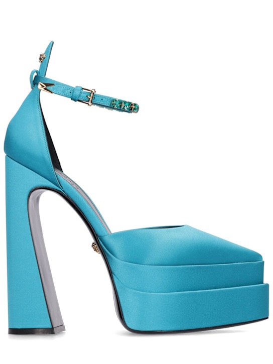 Versace: 160毫米装饰绸缎高跟鞋 - 浅蓝色 - women_0 | Luisa Via Roma