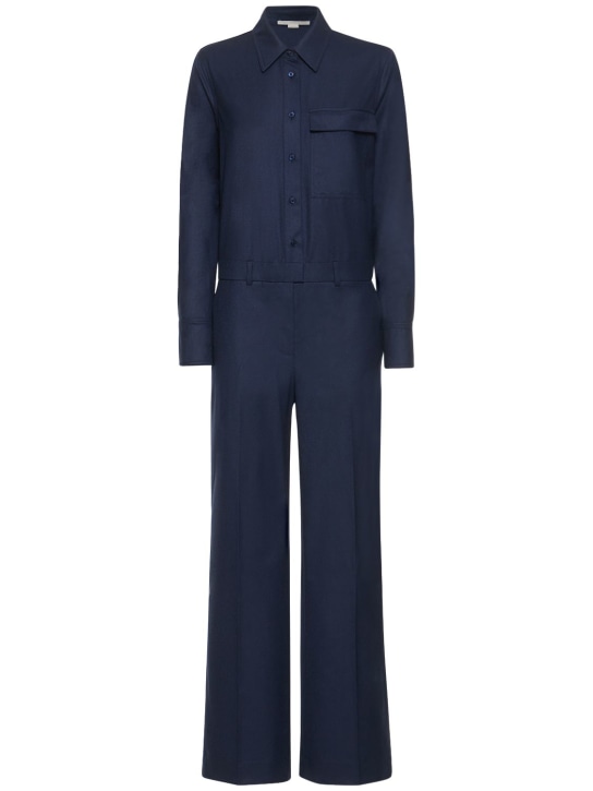 Stella McCartney: Jumpsuit de franela de lana - Azul Marino - women_0 | Luisa Via Roma