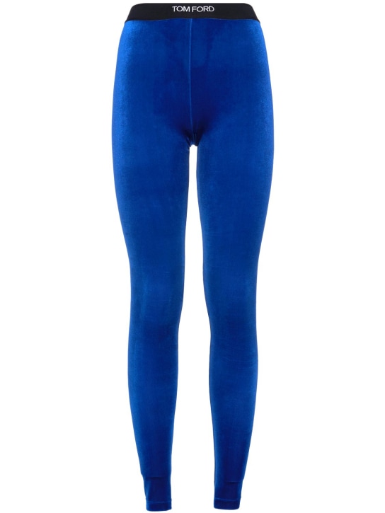 Tom Ford: Stretch velvet logo leggings - Blue - women_0 | Luisa Via Roma