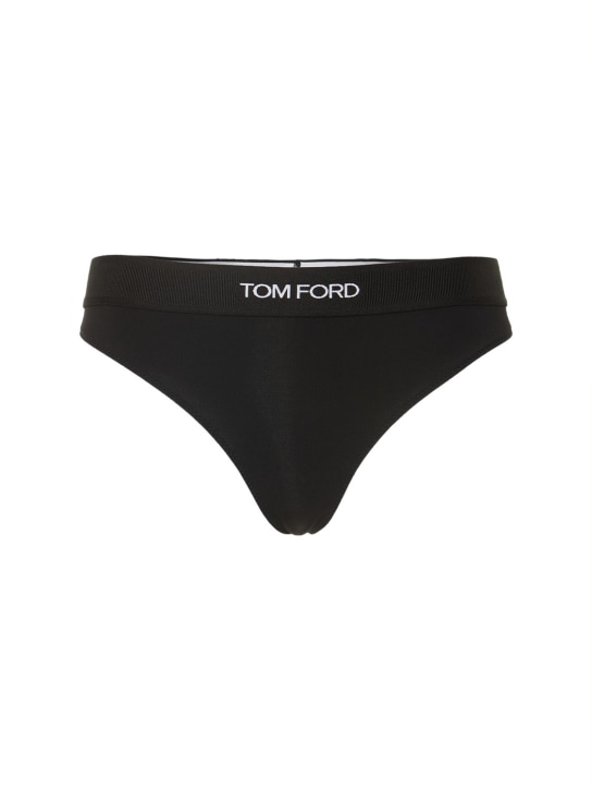 Tom Ford: Tanga de jersey de modal con logo - Negro - women_0 | Luisa Via Roma