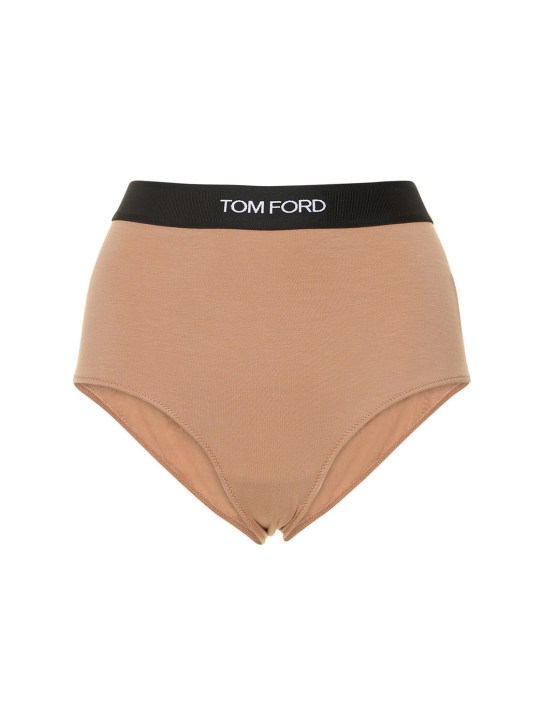 Tom Ford: Braguitas altas de jersey de modal con logo - Beige - women_0 | Luisa Via Roma