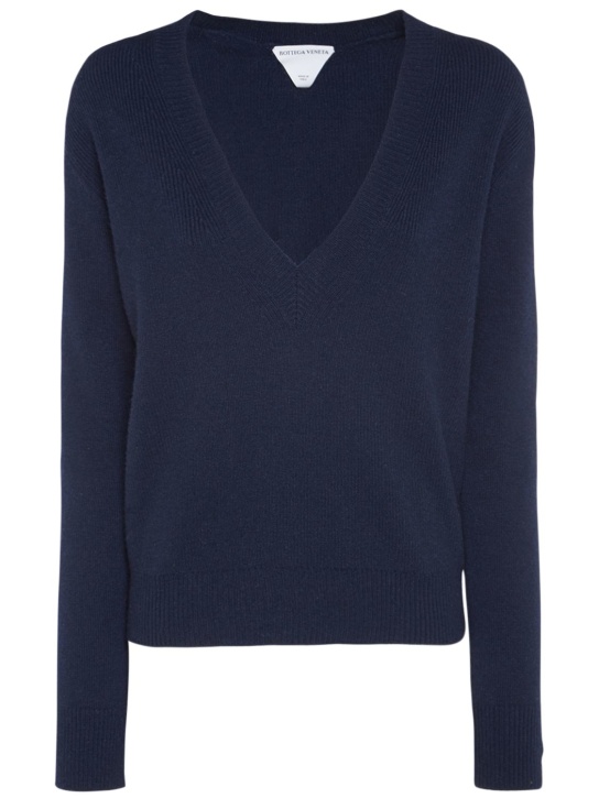 Bottega Veneta: Cashmere knit V neck sweater - Abyss - women_0 | Luisa Via Roma