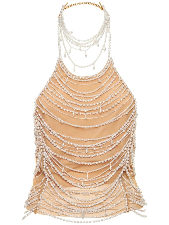 Blumarine: 垂褶人造珍珠&网眼绕颈上衣 - women_0 | Luisa Via Roma