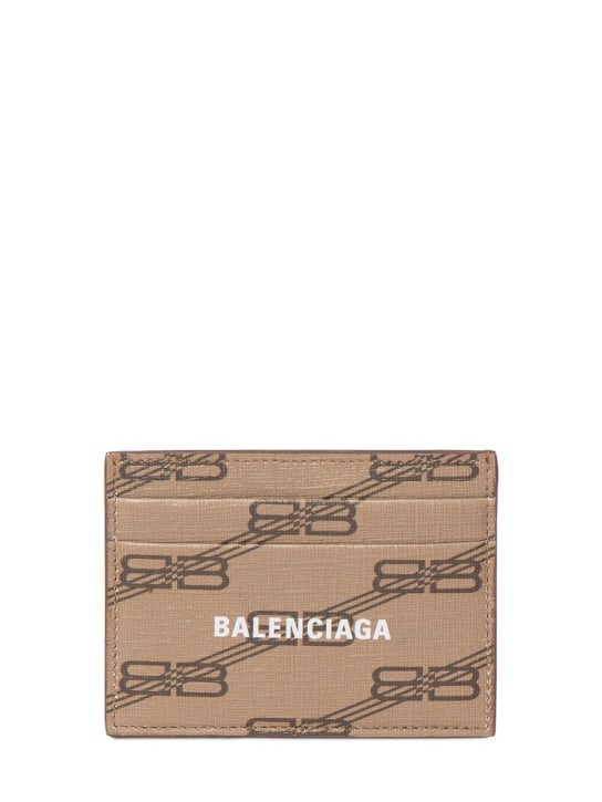 Balenciaga: 로고 프린트 가죽 데님 카드 홀더 - 베이지/브라운 - men_0 | Luisa Via Roma
