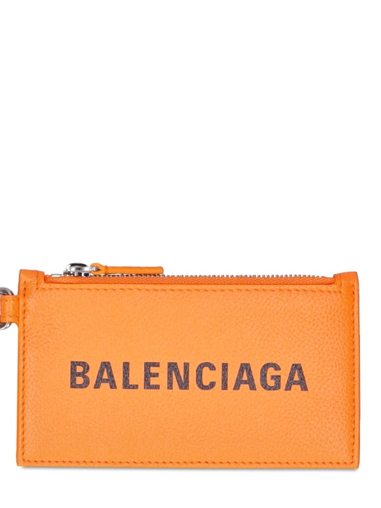 Balenciaga: Tarjetero de piel sintética con llavero - Pop Orange - men_1 | Luisa Via Roma