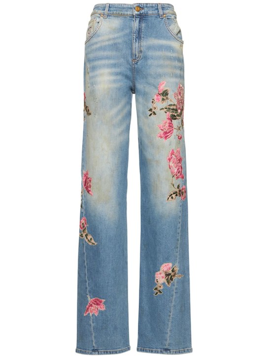 Blumarine: Embroidered cotton denim wide jeans - women_0 | Luisa Via Roma