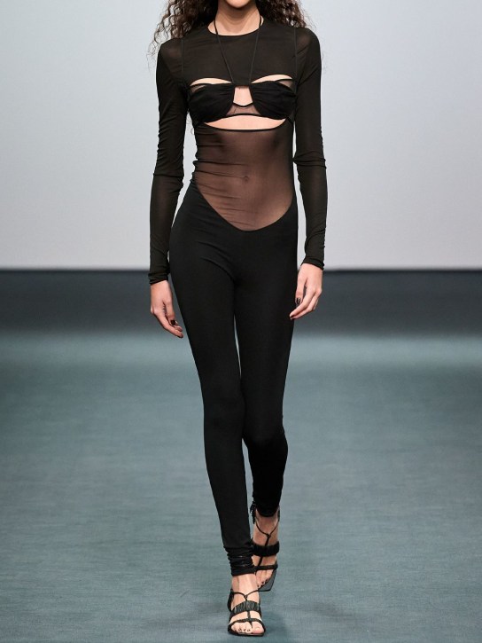 Nensi Dojaka: Mono de jersey y tul con aberturas - Negro - women_1 | Luisa Via Roma