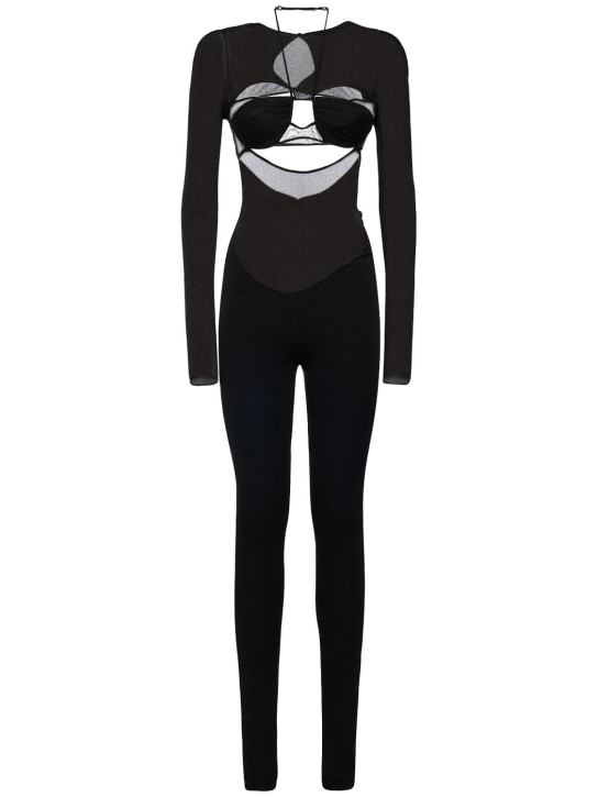 Nensi Dojaka: Mono de jersey y tul con aberturas - Negro - women_0 | Luisa Via Roma