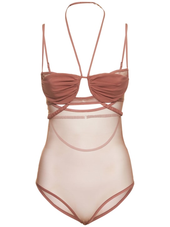 Nensi Dojaka: Layered mesh cutout halter bodysuit - Mocha - women_0 | Luisa Via Roma