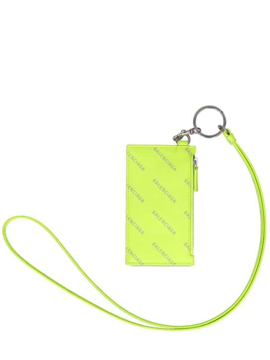 Balenciaga: Leather wallet key holder w/ neck strap - Neon Yellow - men_1 | Luisa Via Roma
