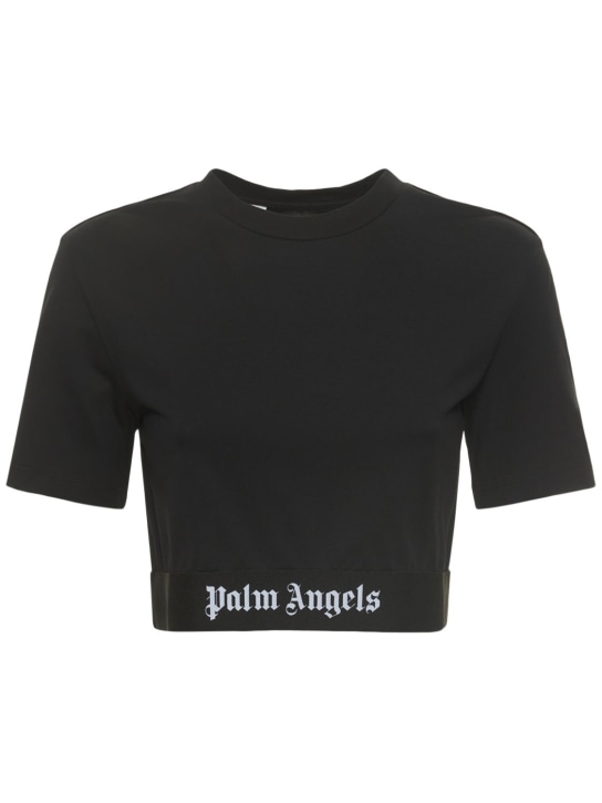 Palm Angels: T-shirt court en coton stretch avec bande logo - Noir - women_0 | Luisa Via Roma