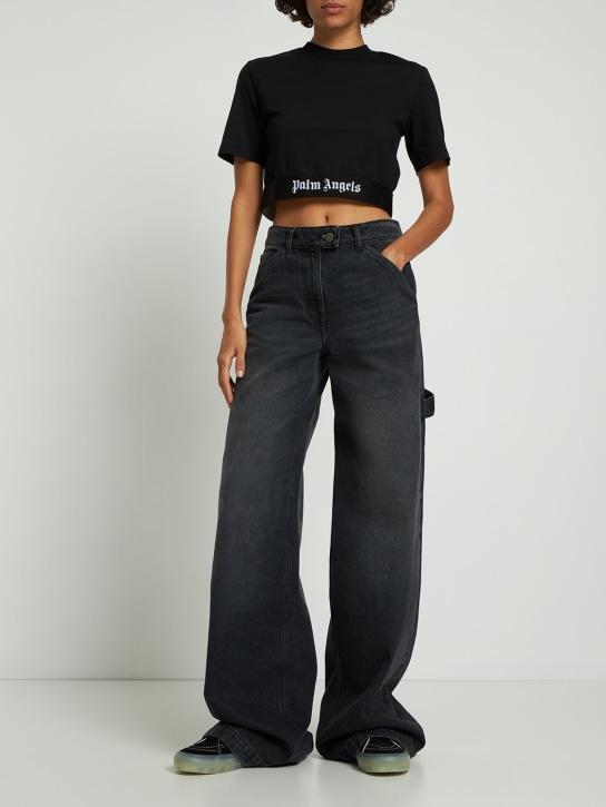 Palm Angels: T-shirt cropped in cotone stretch con logo - Nero - women_1 | Luisa Via Roma