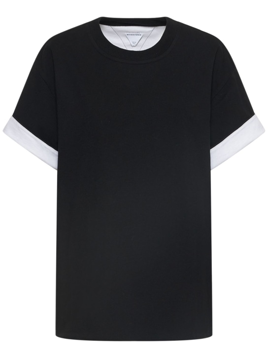 Bottega Veneta: 双层棉质平纹针织T恤 - 黑色/白色 - men_0 | Luisa Via Roma