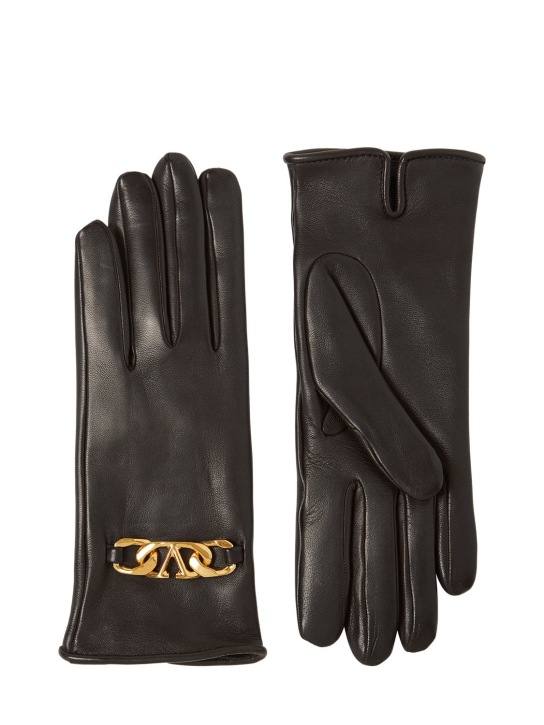 Valentino Garavani: V Logo Chain smooth leather gloves - Black - women_0 | Luisa Via Roma