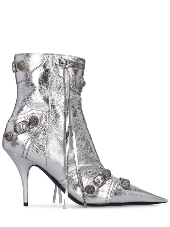 Balenciaga: 90毫米Cagole皮革及踝靴 - 银色 - women_0 | Luisa Via Roma