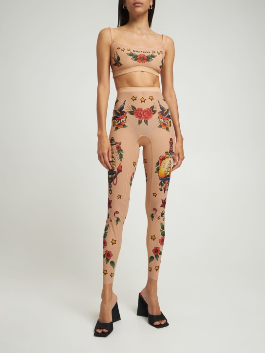 Dsquared2: Legging en tulle transparent imprimé tatouage - Nude - women_1 | Luisa Via Roma