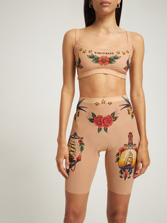 Dsquared2: Tattoo printed sheer tulle bike shorts - Nude - women_1 | Luisa Via Roma