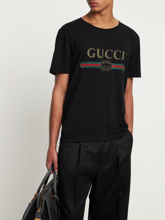 Gucci: Logo print cotton jersey t-shirt - Black - men_1 | Luisa Via Roma