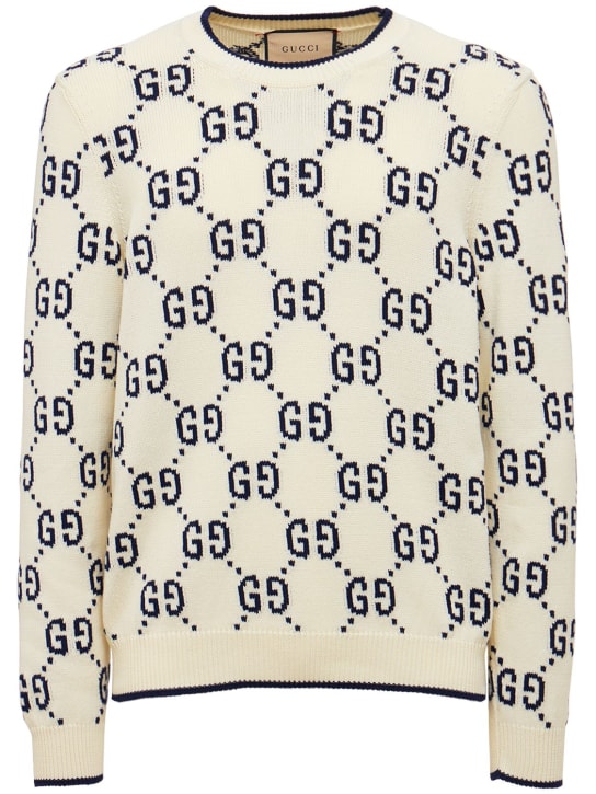 Gucci: GG cotton knit sweater - Ivory/Ink - men_0 | Luisa Via Roma
