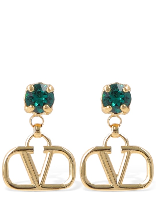 Valentino Garavani: V logo & 크리스털 드롭 귀걸이 - Gold/Emerald - women_0 | Luisa Via Roma