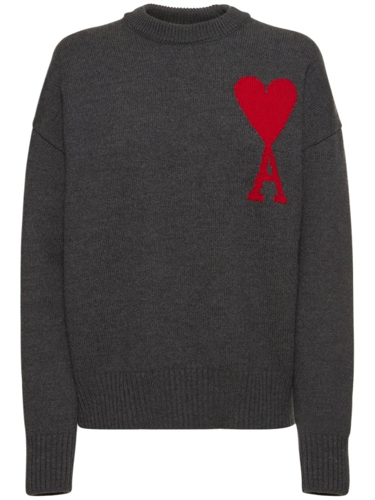 AMI Paris: Suéter de lana con logo - Gris/Rojo - women_0 | Luisa Via Roma