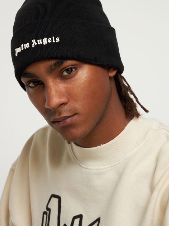 Palm Angels: Classic logo wool blend beanie hat - Black - men_1 | Luisa Via Roma