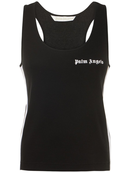 Palm Angels: Top de jersey de algodón con logo sin mangas - Negro - women_0 | Luisa Via Roma