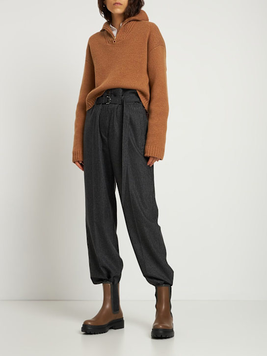 Brunello Cucinelli: Pantalon en flanelle de laine à rayures & ceinture - Gris Foncé - women_1 | Luisa Via Roma