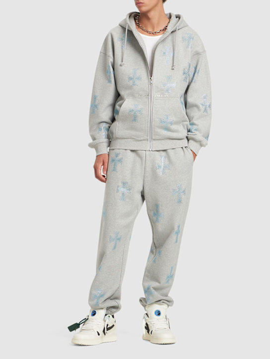 Unknown: Grey rhinestone cross cotton hoodie - men_1 | Luisa Via Roma