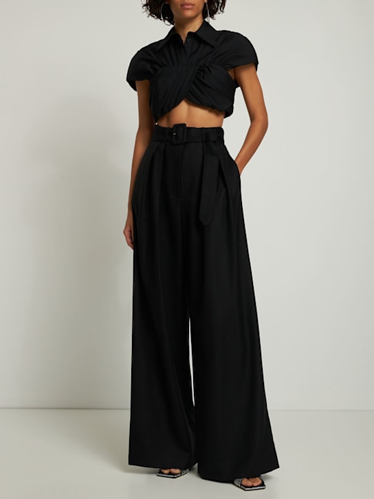 Brandon Maxwell: ハイウエストベルテッドウールツイルワイドパンツ - ブラック - women_1 | Luisa Via Roma