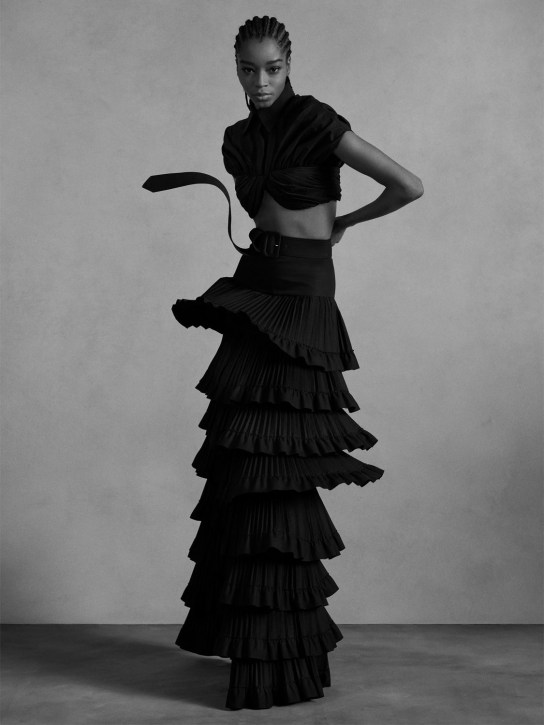 Brandon Maxwell: Falda larga de algodón popelina con volantes - Negro - women_1 | Luisa Via Roma