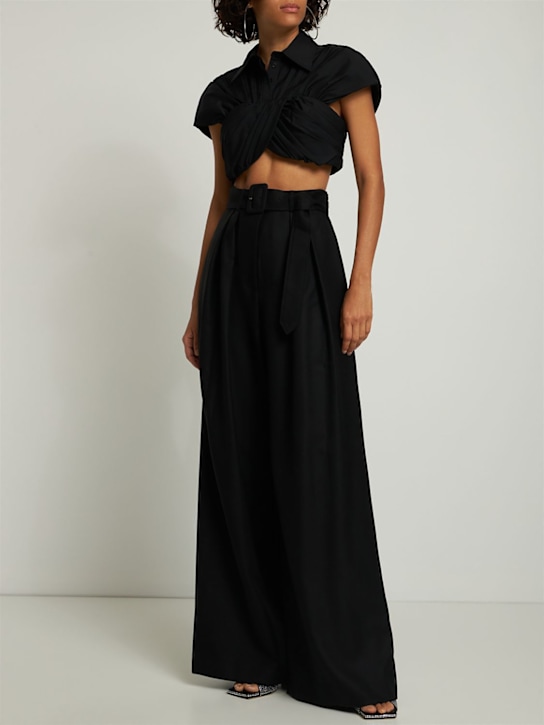 Brandon Maxwell: Crop top en popeline de coton drapé - Noir - women_1 | Luisa Via Roma