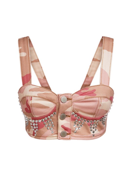 Alessandra Rich: Top cropped de gabardina de algodón camuflaje - Rosa - women_0 | Luisa Via Roma