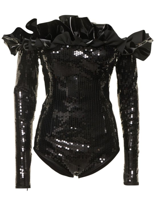 Alessandra Rich: Playsuit mit Pailletten und Vinyl - Schwarz - women_0 | Luisa Via Roma