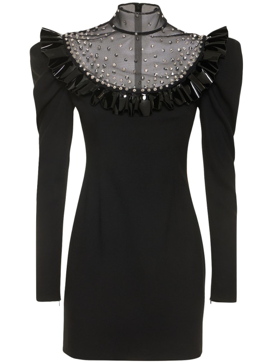 Alessandra Rich: Robe courte en crêpe de laine embellie - Noir - women_0 | Luisa Via Roma