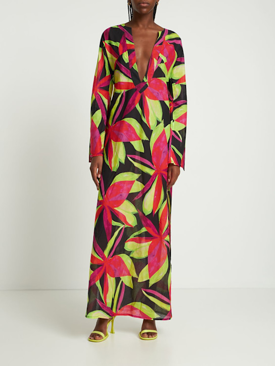 Louisa Ballou: Caftán largo de algodón y muselina de seda - Negro/Multi - women_1 | Luisa Via Roma