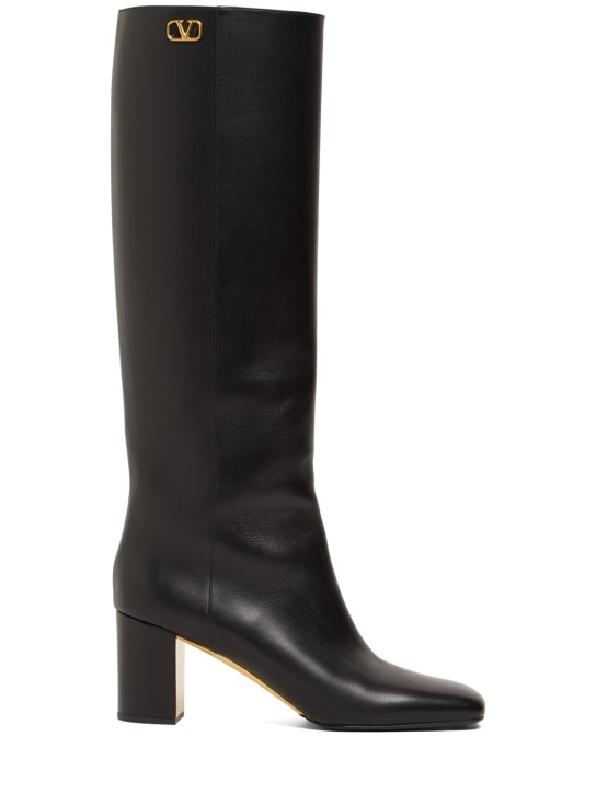 Valentino Garavani: 70mm Golden walk leather tall boots - Black - women_0 | Luisa Via Roma