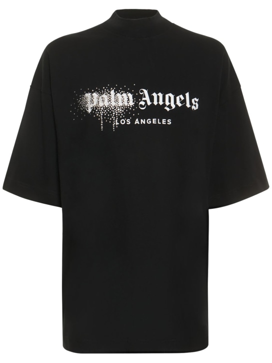 Palm Angels: Embellished spray logo cotton t-shirt - women_0 | Luisa Via Roma