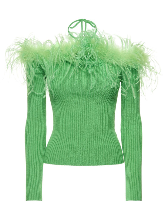 Giuseppe Di Morabito: Haut en maille côtelée de laine avec plumes - Vert - women_0 | Luisa Via Roma