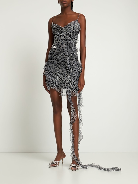 Mach & Mach: Draped leopard print silk mini dress - Grey Leopard - women_1 | Luisa Via Roma
