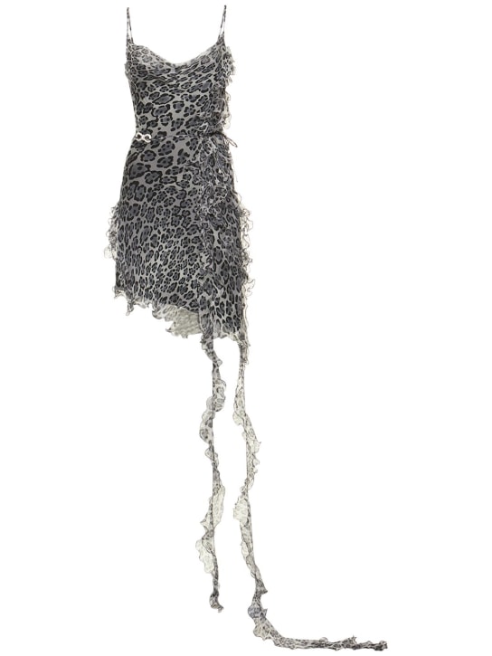 Mach & Mach: Draped leopard print silk mini dress - Grey Leopard - women_0 | Luisa Via Roma