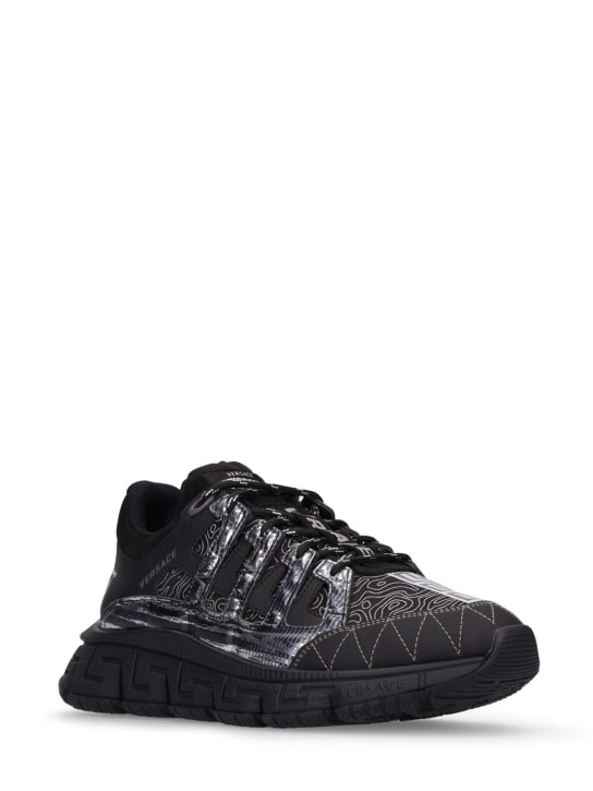 Versace: Trigreca logo mesh & leather sneakers - Siyah/Gümüş - men_1 | Luisa Via Roma