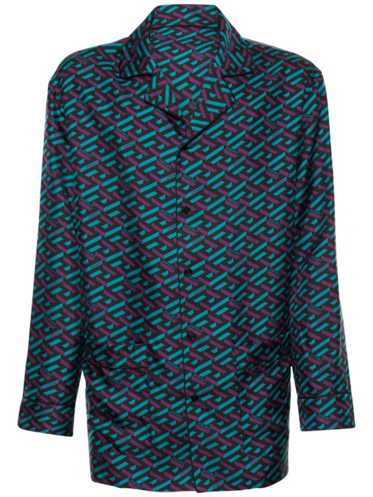 Versace: Greca Signature印花真丝斜纹衬衫 - 蓝绿色/紫色 - men_0 | Luisa Via Roma