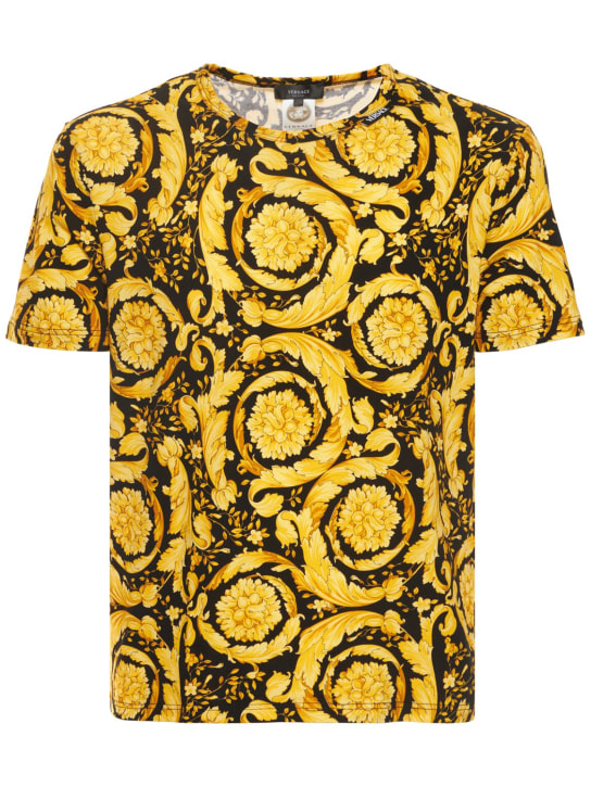 Versace: Barocco print stretch cotton t-shirt - Schwarz/Gold - men_0 | Luisa Via Roma