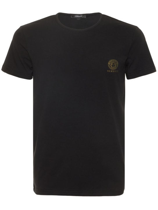 Versace: Lot de 2 t-shirts en coton stretch - Noir/Noir - men_0 | Luisa Via Roma
