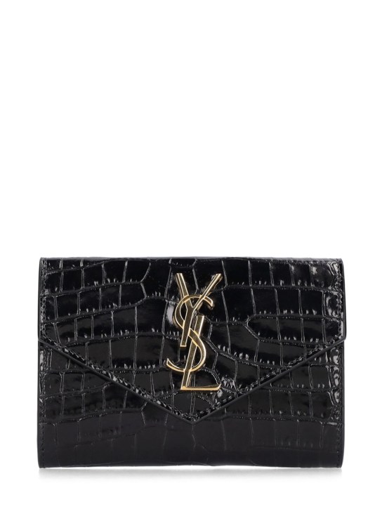 Saint Laurent: Small croc embossed envelope wallet - Black - women_0 | Luisa Via Roma