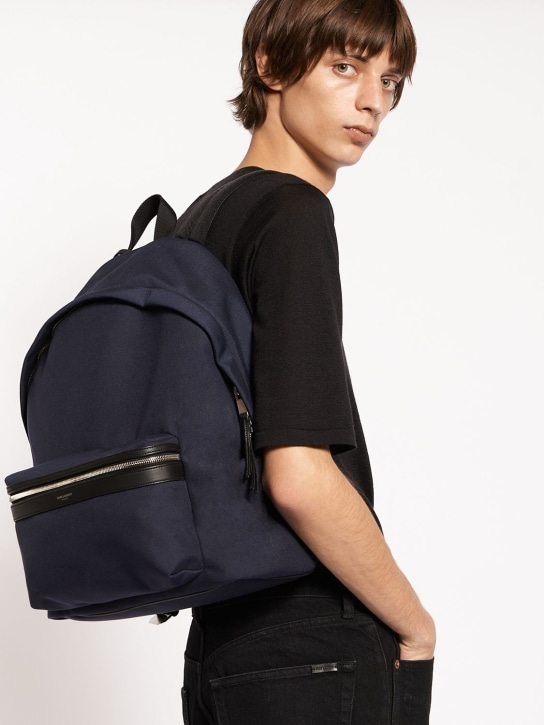 Saint Laurent: City nylon & leather backpack - Midnight Blue - men_1 | Luisa Via Roma