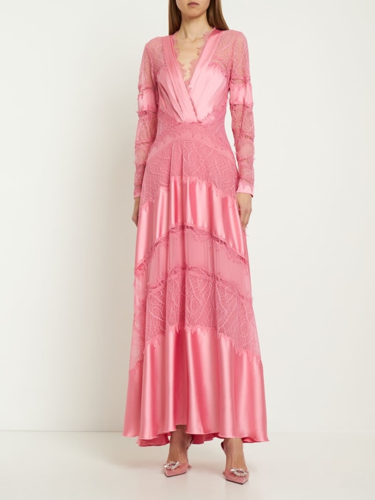 Zuhair Murad: Robe longue en dentelle et satin col en V - Rose - women_1 | Luisa Via Roma