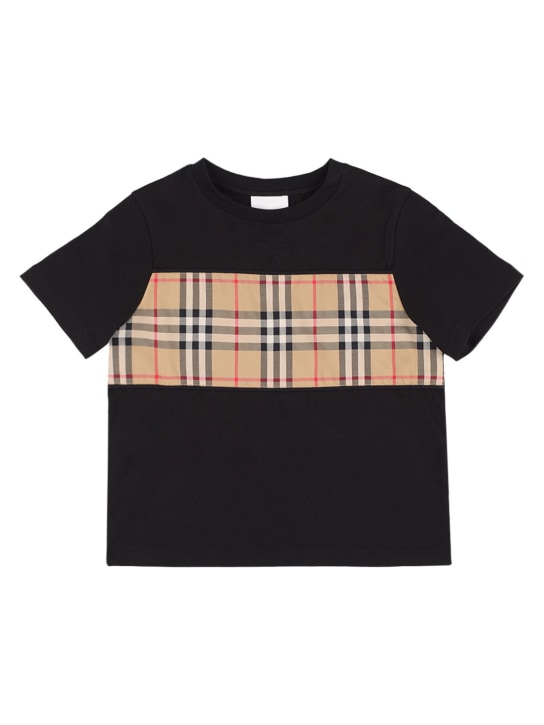 Burberry: T-shirt en jersey de coton avec insert à carreaux - Noir - kids-boys_0 | Luisa Via Roma
