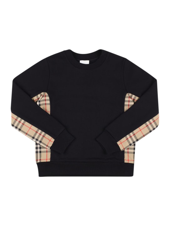 Burberry: Sweat-shirt en coton avec inserts à carreaux - Noir - kids-boys_0 | Luisa Via Roma